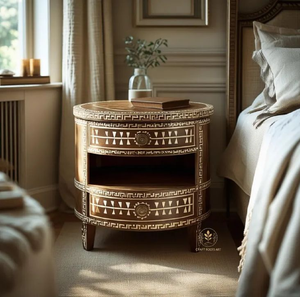 Table de chevet ronde en os noir incrusté, avec tiroirs et étagère à motif étoilé, disponible à prix de gros. - Product Image 2