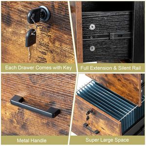 2 Drawer Brown and Black Rolling Wood File Cabinet with Lock - Product Image 3