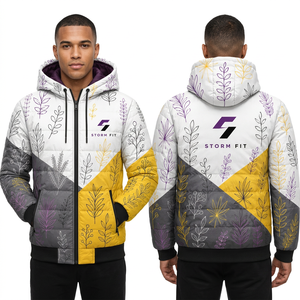 Veste matelassée à capuche pour homme, imprimé floral, coupe-vent, hiver, décontractée, fermeture éclair, 100% polyester, coupe classique - Product Image 1