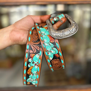 Cinturón floral turquesa para niñas de cuero mecanizado a mano de nueva moda occidental cinturón de hebilla de aleación pintado a mano de cuero genuino personalizado - Product Image 5