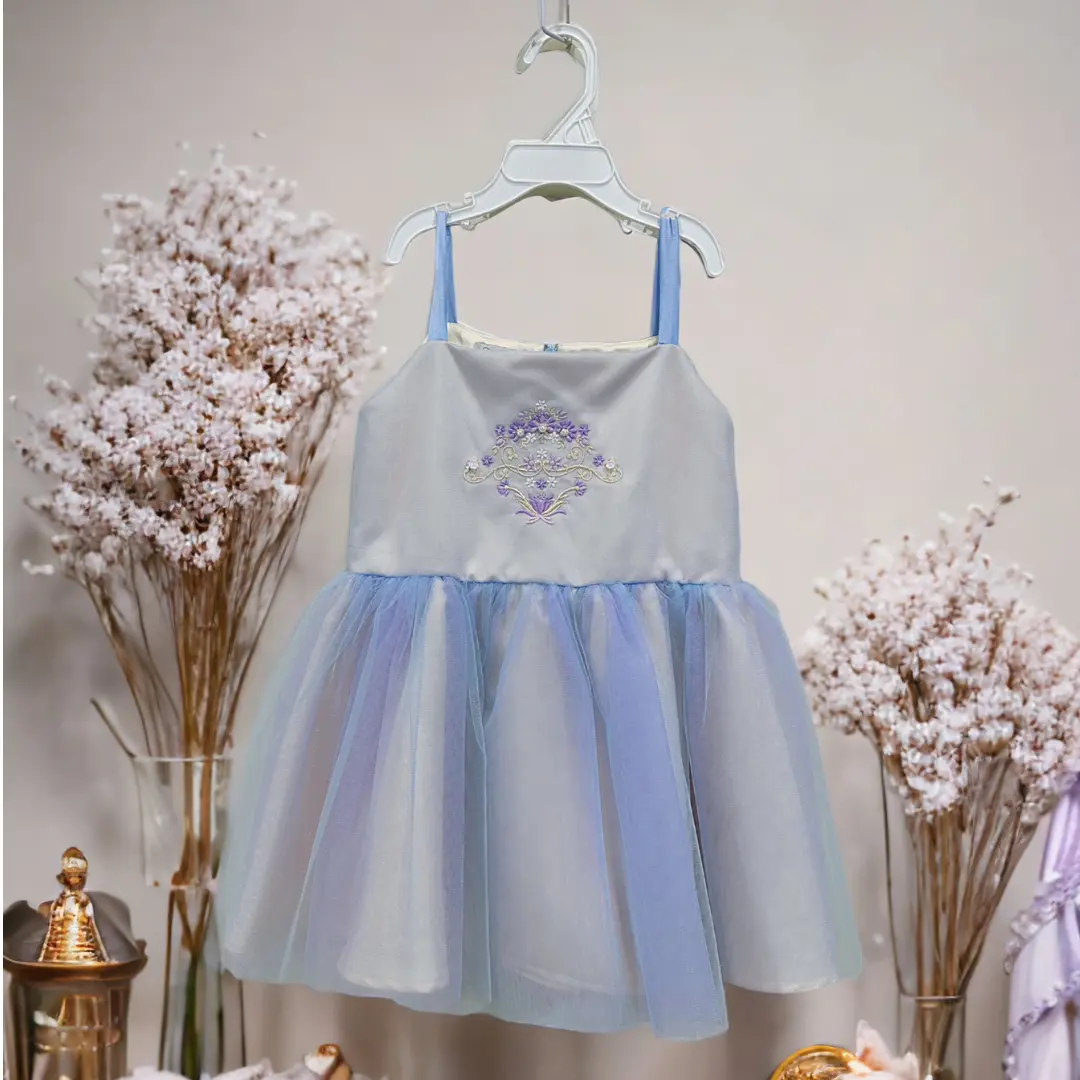 Diskon besar-besaran gaun pesta anak-anak gembung terbaru desain tanpa lengan/gaun bayi perempuan gaun ulang tahun Jacquard biru-Rosetta