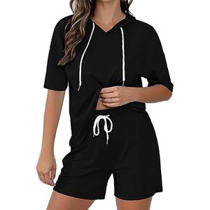 2025 OEM de dos piezas de manga corta para mujer conjuntos de chándal patrón sólido Sudadera con capucha Loungewear trajes - Product Image 4