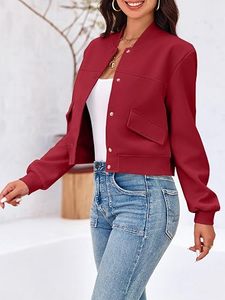 Chaqueta Bomber Roja para Mujer, Color Sólido, Manga Larga, Cierre de Botones, Cuello Alto, Ropa Exterior Informal, Largo Corto, Bolsillos con Parches - Product Image 4