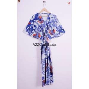 Magnifique robe kaftan indienne longue mi-longue, style hippie, col en V, imprimé floral, 100% coton, écologique, lavable, naturelle, pour femmes - Product Image 1