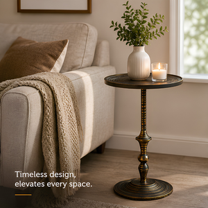 Antique Bronze Metal <b>Side</b> <b>Table</b> <b>Round</b> Accent <b>Table</b> with Raised Edge Top, Turned Pedestal Stem & Weighted Base for Living Room - Product Image 5