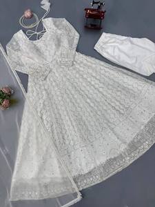 White <b>Sequin</b> Embroidered Salwar Kameez Set Faux Georgette Crepe Silk Dupatta Wedding Party Women - Product Image 5