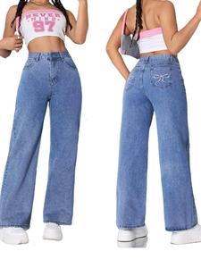 Jean en denim délavé taille haute à jambe large avec nœud décoratif, coupe ample, longueur intégrale, style vintage décontracté pour femme - Product Image 6