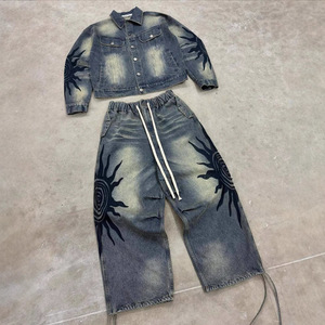 Custom Men Embroidered Denim Flared Sweatpants Winter Polo Tracksuit Windbreaker Vintage Acid Wash Oversized Baggy Men Tracksuit - Product Image 1