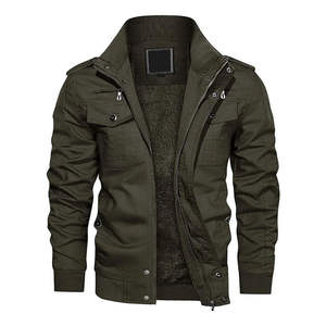 Blouson bomber noir uni décontracté d'hiver doublé polaire à col montant zippé, vêtement de travail tactique, vêtement d'extérieur - Product Image 4