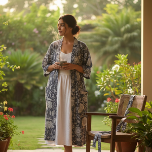 Robe Kimono en Coton Imprimé Floral Gris Faite à la Main pour Femme, Col en V, Manches Longues, Longueur Maxi, 2 Poches Avant, Nuisette Dori - Product Image 2