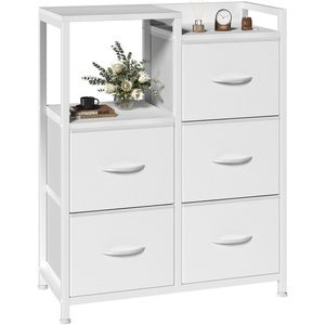 Cómoda Blanca Moderna de 5 Cajones con Estante de 2 Niveles, Estructura Metálica Resistente y Armario de Tela, Almacenamiento para Dormitorios Pequeños - Product Image 1