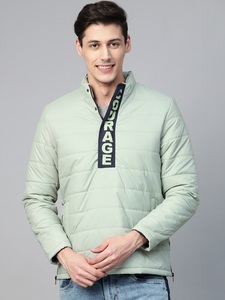 Men's <b>Light</b> Green Puffer <b>Jacket</b> Stand Collar Zipper Front Casual Autumn Wear Solid Color Slim Fit Windproof Polyester Wadding - Product Image 5