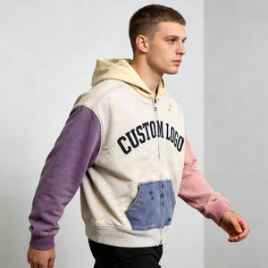 เสื้อฮู้ดดี้ผู้ชายไซส์ใหญ่ ทรงครอป แต่งสีบล็อก ซิปหน้า ลุคทำสีซีดแบบ Distressed กระเป๋าหน้าตัดกัน  โลโก้สั่งทำได้ สไตล์ลำลองแนวสตรีทแวร์ - Product Image 2
