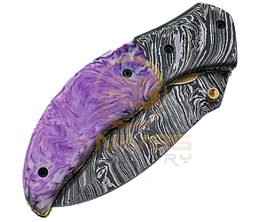 Cuchillo Plegable de Acero de Damasco de Venta Caliente con Mango de Resina Morada – Cuchillo de Bolsillo Táctico Personalizado para Caza - Product Image 4