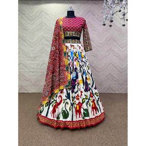 DESIGNER SOFT SILK DIGITAL PRINT WORK LEHENGA CGOLI AVEC DUPATTA WHITE - Product Image 1