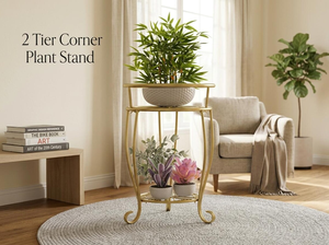 Support à plantes en fer forgé robuste à 2 niveaux, support de pot de fleurs haut pour intérieur et extérieur, résistant à la rouille, étagère d'angle en métal pour plantes - Product Image 6