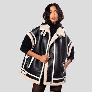 Women Black Oversized Shearling <b>Utility</b> <b>Vest</b> Genuine Leather Winter Waistcoat - Product Image 1