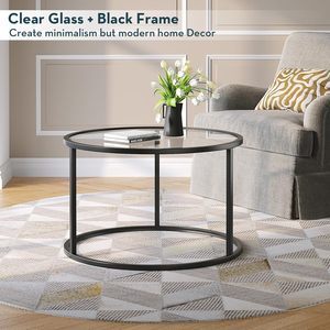 Round Glass Coffee <b>Table</b> with <b>Clear</b> Tempered Glass Top and Black Metal Frame Accent Center <b>Table</b> for Living Room and Small Space - Product Image 3