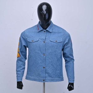 <b>Mens</b> Light Blue Denim Racer <b>Jackets</b> Turn-Down Collar Embroidered Letter Logo Left Sleeve Casual Autumn Wear <b>Bike</b> Racer <b>Jackets</b> - Product Image 1