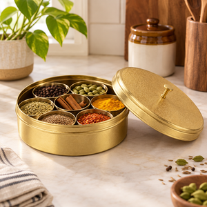 Fine Textured Pure Brass Masala Box Lid Round <b>Spice</b> <b>Storage</b> Container Set Traditional Kitchen Organizer Decorative <b>Spice</b> Dani - Product Image 3