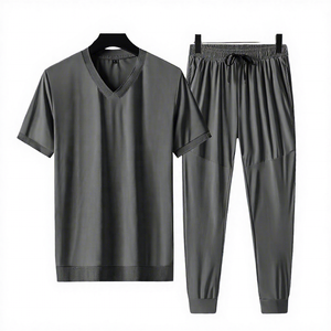Men's Summer Sports <b>Suit</b> Two-Piece Set Quick-Drying Anti-Bacterial Spandex/Cotton Solid <b>Short</b> Sleeve V-neck Zipper Fly Regular - Product Image 3