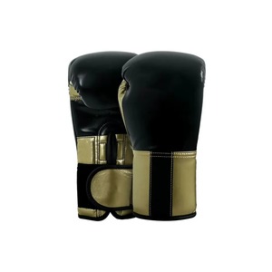 Guantes de Boxeo de Cuero Negro y Dorado con Cierre de Velcro Ajustable para Entrenamiento de Artes Marciales - Product Image 1