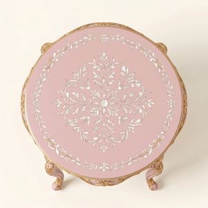Table de chevet ronde en nacre rose de luxe avec motif floral, table de chevet faite à la main, meubles de chambre à coucher, décoration intérieure - Product Image 2