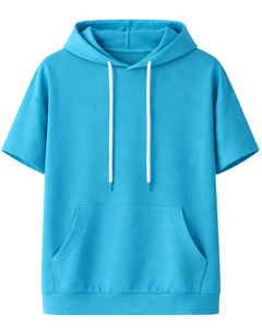 Haut à capuche bleu personnalisé à manches courtes pour homme, pull décontracté à capuche, t-shirt léger d'été, style streetwear, en mélange de coton avec poches - Product Image 1