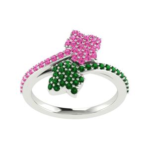 Bague Feuille d'Argent avec Cristaux Roses et Verts, Bijou Tendance pour Femme, Bague Élégante et Tendance, Accessoire Cadeau, Style Quotidien, Qualité Supérieure - Product Image 6