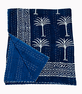 Handcrafted Indian Block Print Cotton Kantha <b>Quilt</b> Blue Floral Pattern Traditional Stitched <b>Bedspread</b> Home Decor Wedding Hotel - Product Image 3