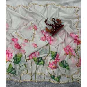 Sari blanc à imprimé floral non cousu de 600g, création élégante, pour les fêtes, vêtements indiens et pakistanais - Product Image 3