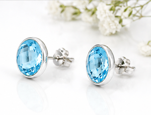 Natural Blue Topaz Silver <b>Stud</b> <b>Earrings</b> – Faceted Blue Topaz Gemstone <b>Earrings</b> – Handmade December Birthstone Jewelry - Product Image 2