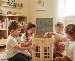 Panier de rangement pour jouets en rotin naturel tressé fait main en forme de maison de poupée avec détails de fenêtre et couvercle pour l'organisation de la chambre d'enfant - Product Image 4