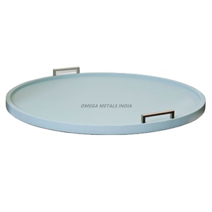 Plateau de service rond bleu clair tendance avec poignées élégantes et finition lisse Parfait pour la décoration intérieure moderne et les divertissements - Product Image 1