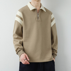 Men's Quarter Zip Sweatshirt Cream <b>Brown</b> Collar Regular Fit Casual <b>Long</b> <b>Sleeve</b> Solid Color French Terry Knitted <b>Top</b> Autumn Wear - Product Image 4