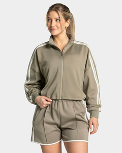 New Design Custom Logo Drop Shoulder <b>Khaki</b> Crop Zipper Jacket & <b>Shorts</b> With Stripes <b>Women's</b> Tracksuits Streetwear <b>Women's</b> Hoodie - Product Image 3