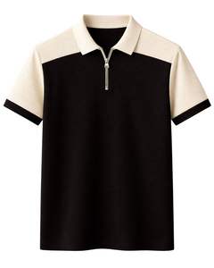 เสื้อโปโลผู้ชายสีดำและสีเบจ คอซิป แขนสั้น ผ้าถักลำลอง แต่งสีบล็อก ผลิตตามสั่ง สำหรับฤดูร้อน ขายส่ง ไซส์ XL - Product Image 1