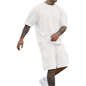 Conjunto de camiseta y pantalones cortos casuales de verano para hombre, de color sólido, cuello redondo, manga corta, con pantalones cortos tipo cargo, transpirable, tejido, 100% algodón - Product Image 2