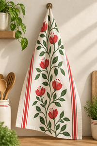 Premium Cotton Tea <b>Towel</b> | Red Floral Botanical Print <b>Kitchen</b> <b>Towel</b> with Stripe Border. Decorative Cotton Dish <b>Towel</b> for <b>Kitchen</b> - Product Image 4