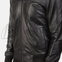 Blouson Bomber Urbain pour Homme en Cuir Nappa Noir avec Capuche Intégrée en Jersey, Veste d'extérieur Zippée en Véritable Peau de Mouton – Vente en Gros