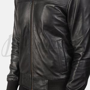 Blouson Bomber Urbain pour Homme en Cuir Nappa Noir avec Capuche Intégrée en Jersey, Veste d'extérieur Zippée en Véritable Peau de Mouton – Vente en Gros - Product Image 3