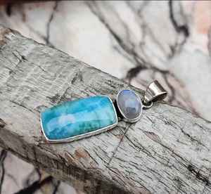 Pendentif artisanal en larimar et pierre de lune, argent sterling 925, pierre précieuse naturelle, bijou de guérison, cadeau élégant - Product Image 6
