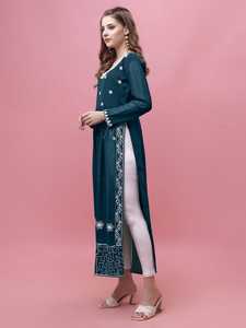 Kurti Largo de Georgette Azul Marino con Bordado, Estilo Holgado, Largo hasta el Tobillo, Ropa Casual Tradicional de la India y Pakistán - Product Image 3