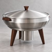 Plat à chafing rond de luxe en acier inoxydable durable et écologique avec pieds et poignées en bois, diamètre 24 cm, compatible tous types de cuisinières