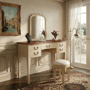 Elegante tocador vintage de 46 pulgadas con espejo curvo con marco floral y taburete de cuero, mesa de maquillaje con 5 cajones - Product Image 1