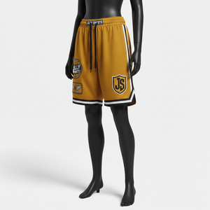 Short de basketball en maille polyester premium 180 GSM jaune moutarde avec patch chenille et bordure rayée tissée - Product Image 4