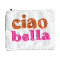 Pochette Ciao Bella perlée faite à la main pour femme, mini sac à main, motif textuel, porte-monnaie zippé, sac bandoulière, fournisseur OEM