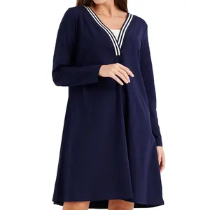 Beautiful Design New Fashion Soft Comfortable Fabric V-neck Full Sleeve Maternity Cloths Navy Blue Winter Dresses for Sale