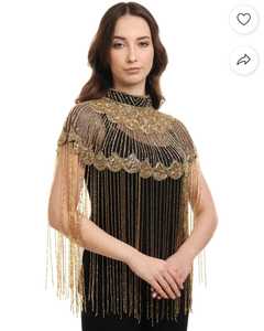 Chandni Export House Adult <b>Black</b> Gold Beaded Embroidery Cape with Fringe Pearls and <b>Sequins</b> Polyester Wedding <b>Jacket</b> Wrap - Product Image 5