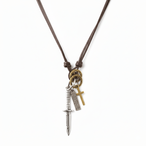 Fashion Pendant <b>Necklace</b> Knight Silver <b>Sword</b> 2.5-Inch Pure Stainless Steel with Adjustable Leather Rope for Men & Boys - Product Image 3